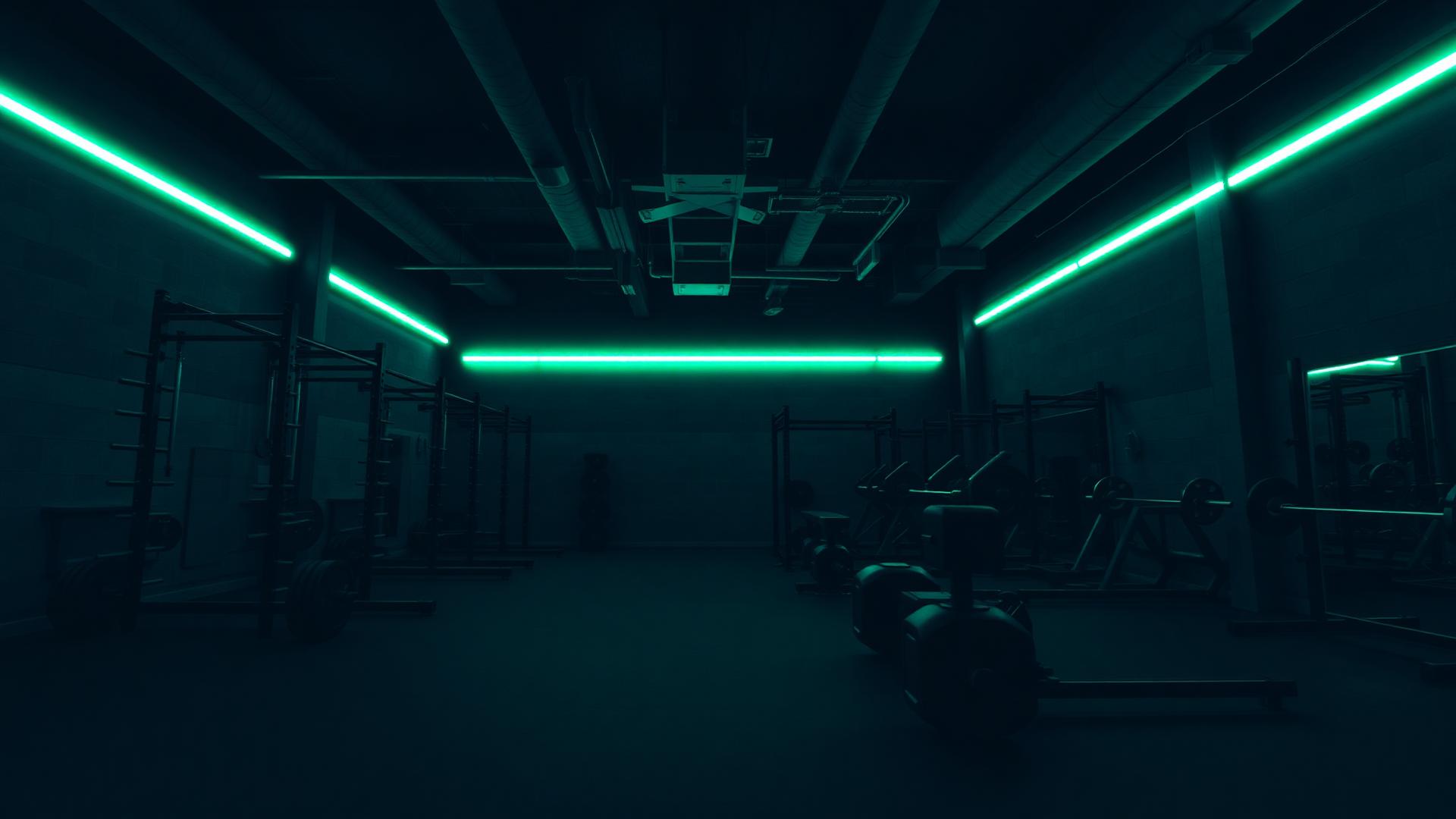 Modern gym interior with dramatic lighting